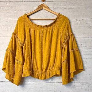 Lulus Top SZ Small Mustard Yellow Sunny Story Bell Sleeve Boho Off the Shoulder
